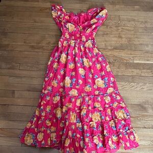 Betsey Johnson Bright Pink Maxi Dress with Yellow Rose Print